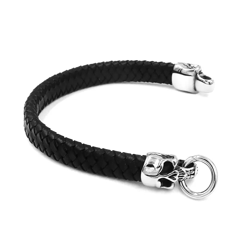 Vintage Gothic Double Skull Charm Leather Bracelet Stainless Steel Jewelry Braided Leather Biker Men Bangle SJB0357A