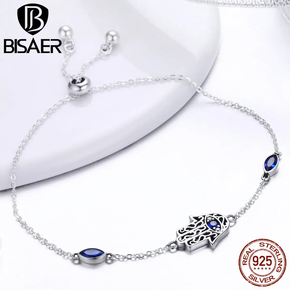 BISAER Real 925 Sterling Silver Hamasa Hand Bracelets Blue Zircon Adjustable Chain Lucky For Women Bracelets Fine Jewelry ECB076