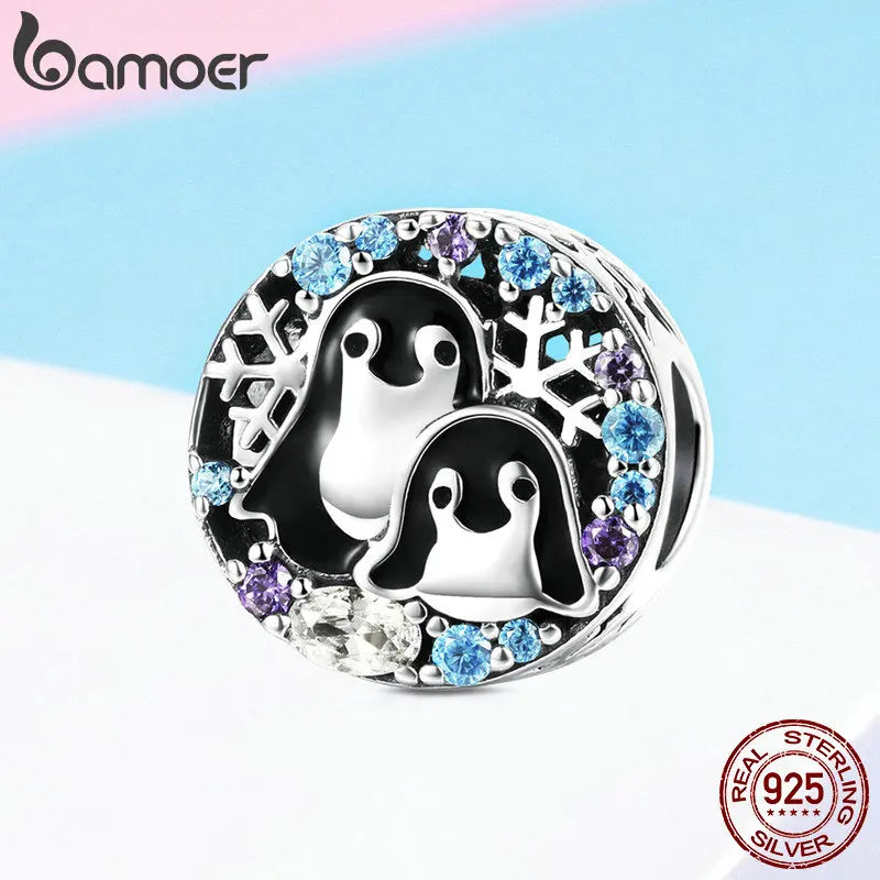 BAMOER Collection Hiver 925 Argent Sterling Pingouin Famille Perles Breloques Animaux Ajustement Bracelets et Colliers Bijoux SCC992