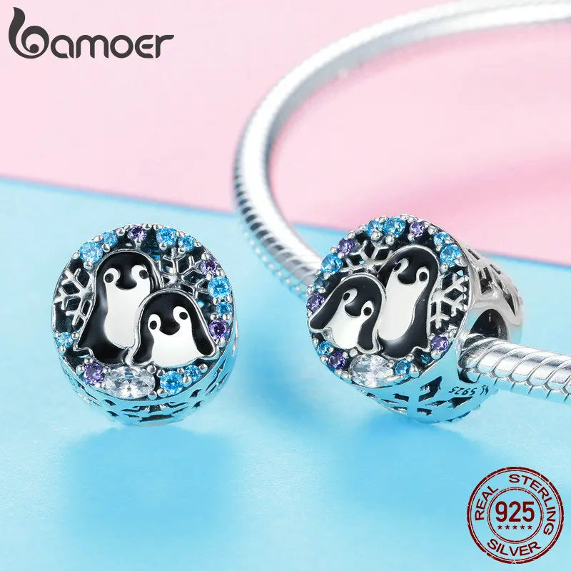 BAMOER Collection Hiver 925 Argent Sterling Pingouin Famille Perles Breloques Animaux Ajustement Bracelets et Colliers Bijoux SCC992