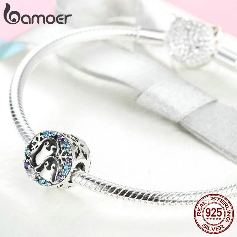 BAMOER Collection Hiver 925 Argent Sterling Pingouin Famille Perles Breloques Animaux Ajustement Bracelets et Colliers Bijoux SCC992