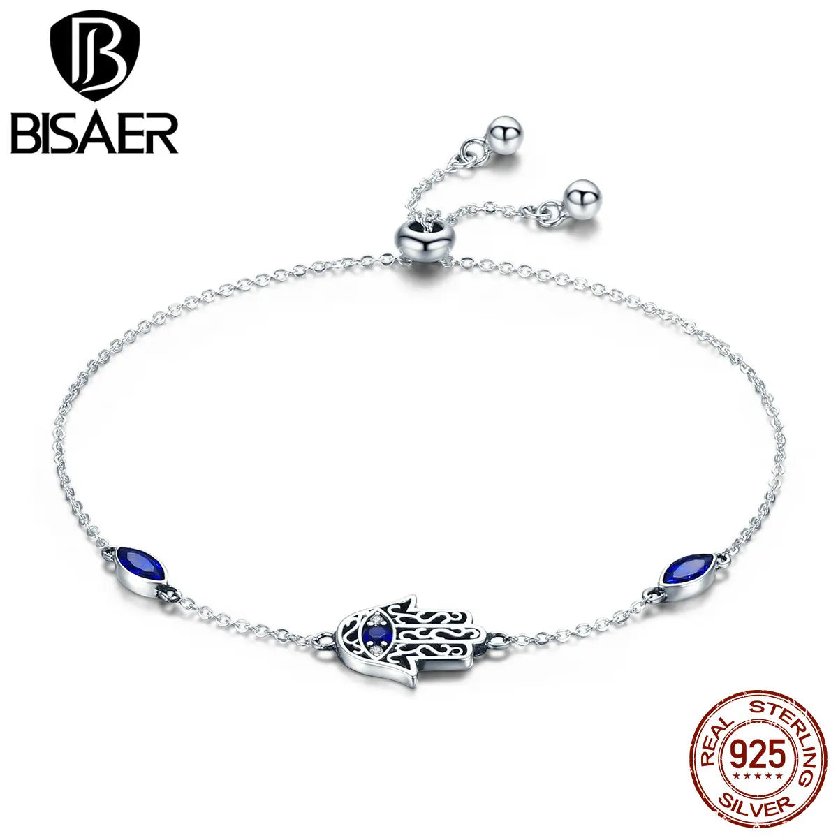 BISAER Real 925 Sterling Silver Hamasa Hand Bracelets Blue Zircon Adjustable Chain Lucky For Women Bracelets Fine Jewelry ECB076