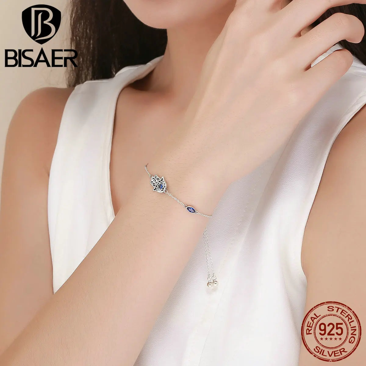 BISAER Real 925 Sterling Silver Hamasa Hand Bracelets Blue Zircon Adjustable Chain Lucky For Women Bracelets Fine Jewelry ECB076