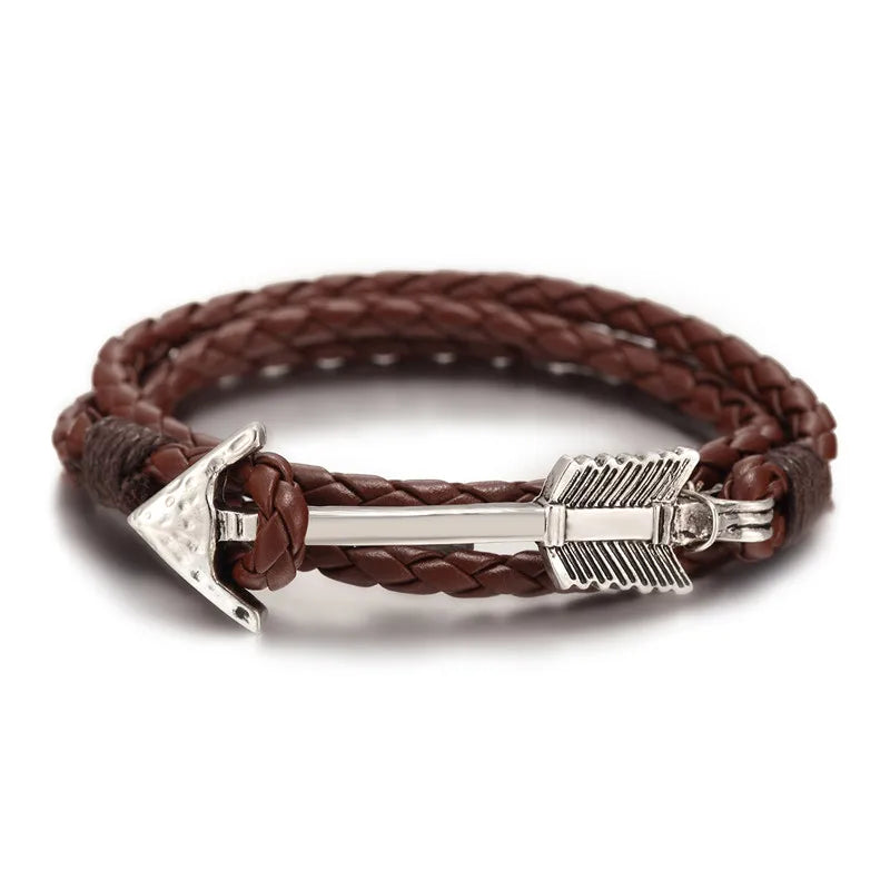 MKENDN New Arrival Multilayer charm leather Vintage Bronze  Arrow bracelet anchor bracelet for men women lovers' gift