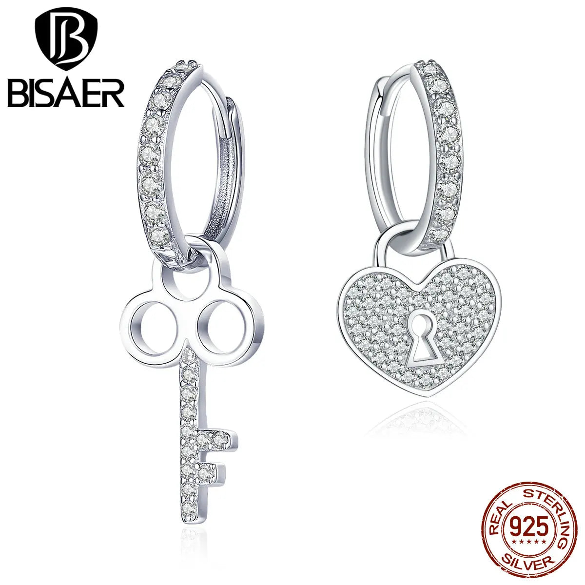 BISAER Hot Sale 925 Sterling Silver Love Heart Lock & Crystal Key Shape Stud Earrings Stud Women Wedding Jewelry Brincos ECE577