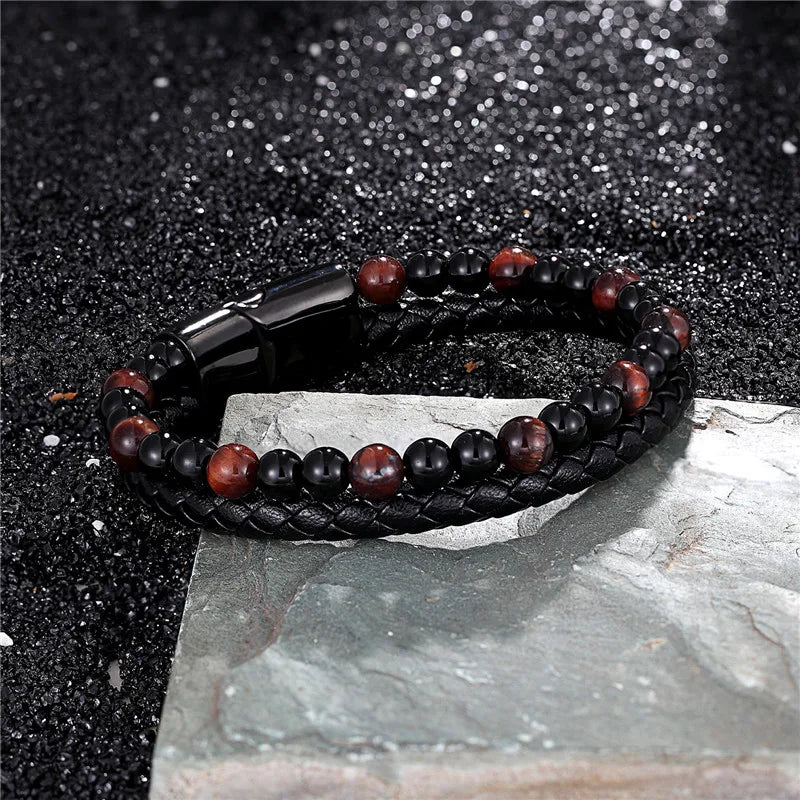 MKENDN New 6MM Tiger Eyes Stone Bracelets Handmade Woven Multilayer Leather Bracelets Magnetic Buckle Bangle Male Jewelry