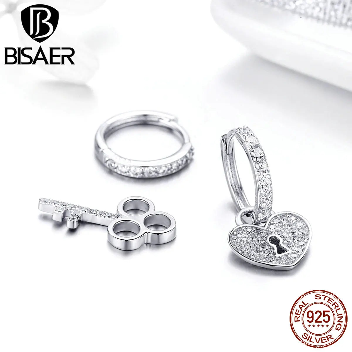 BISAER Hot Sale 925 Sterling Silver Love Heart Lock & Crystal Key Shape Stud Earrings Stud Women Wedding Jewelry Brincos ECE577