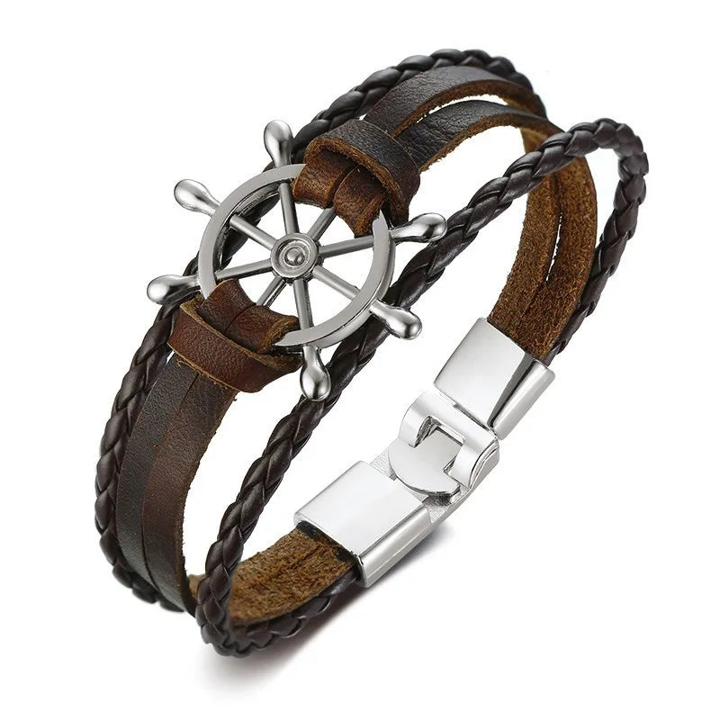 Men Sailor Rudder Multilayer Leather Bracelet for Men Nautical Bangles Brackelts Brazalet Vintage Helmsman Crew Jewelry