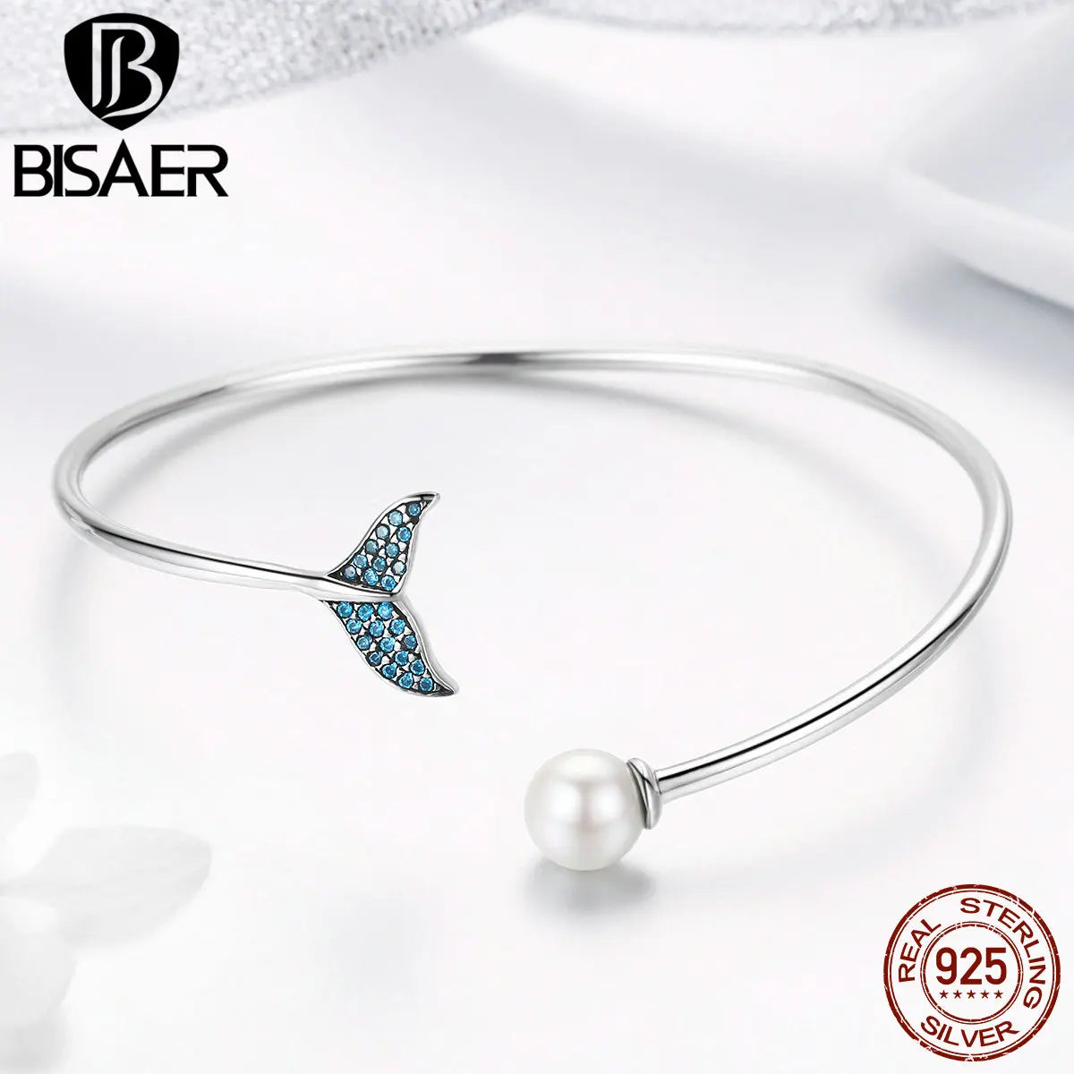 BISAER 925 Sterling Silver Mermaid's Tail Tear Open Bracelets Pearl Women Bracelets & Bangles Original Jewelry Holiday Gifts