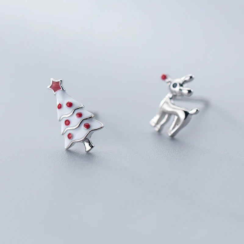 Boucles d'oreilles à tige en argent sterling 925, boucles d'oreilles asymétriques en forme de cerf et d'arbre de Noël pour femmes et filles, bijoux cadeaux de Noël