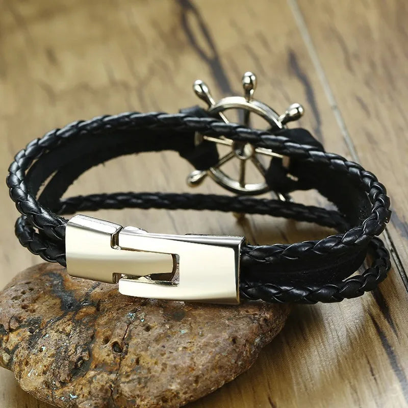 Men Sailor Rudder Multilayer Leather Bracelet for Men Nautical Bangles Brackelts Brazalet Vintage Helmsman Crew Jewelry