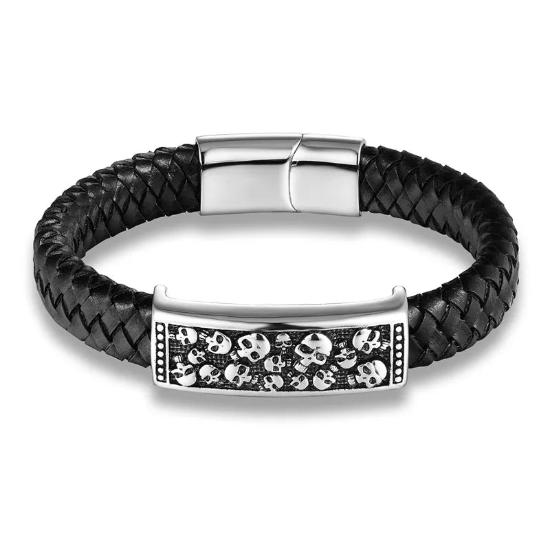 MKENDN Fashion Braided Leather Bracelets Skull Bracelet Punk Wrap Bracelet Stainless Steel Magnetic Buckle Fashion Bangles