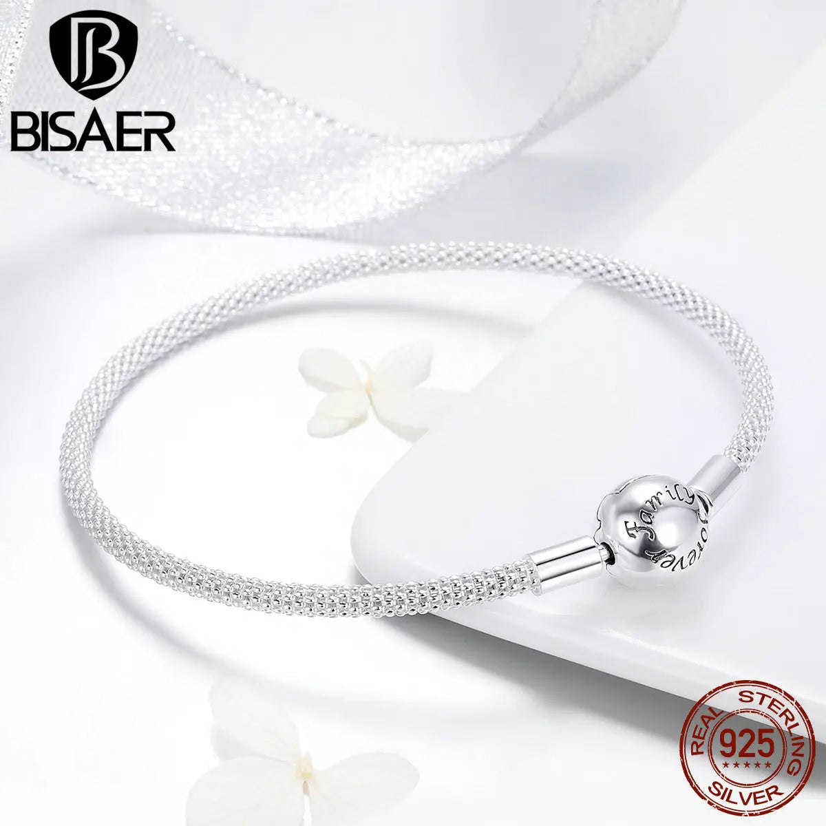 BISAER 925 Sterling Silver Forever Love Round Classic Bracelets Fit DIY Charms Bead For Women Female Luxury Fine Jewelry Gift