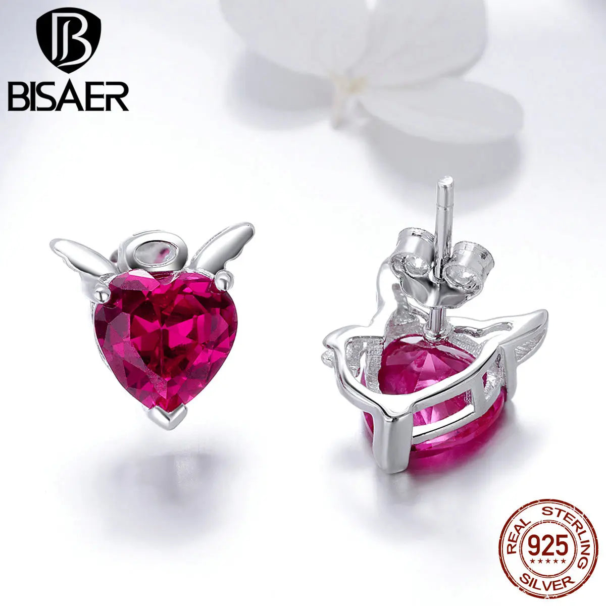 BISAER 925 Sterling Silver Evil And Angel Earrings Crystal CZ Heart Stud Earrings For Women Fashion Earrings 2019 Jewelry ECE414