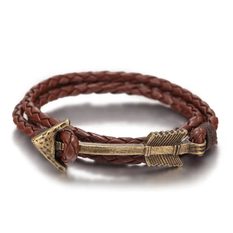 MKENDN New Arrival Multilayer charm leather Vintage Bronze  Arrow bracelet anchor bracelet for men women lovers' gift