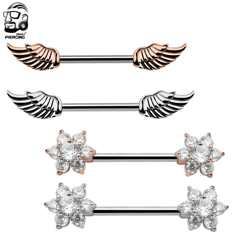 1 Pair Fashion Stainless Steel Unisex Charm Personality Alloy Wing/ Flower Barbell Nipple Ring Body Piercing Jewelry For Women