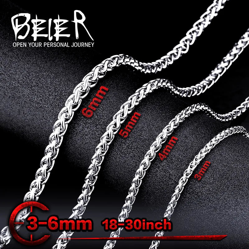 Beier Stainless Steel Necklace Trendy Wheat Chain Necklace Boy Men's Necklace Chain Silver Color  LLBN1006