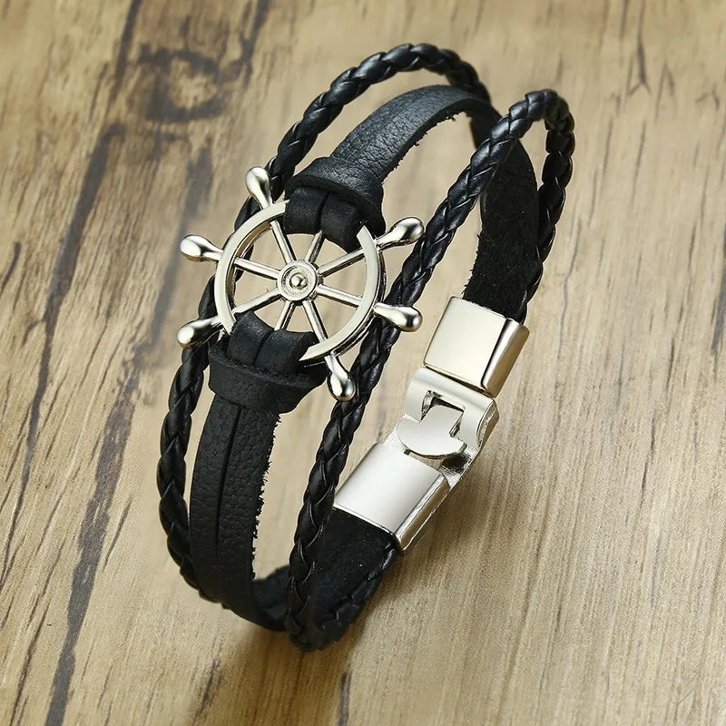 Men Sailor Rudder Multilayer Leather Bracelet for Men Nautical Bangles Brackelts Brazalet Vintage Helmsman Crew Jewelry