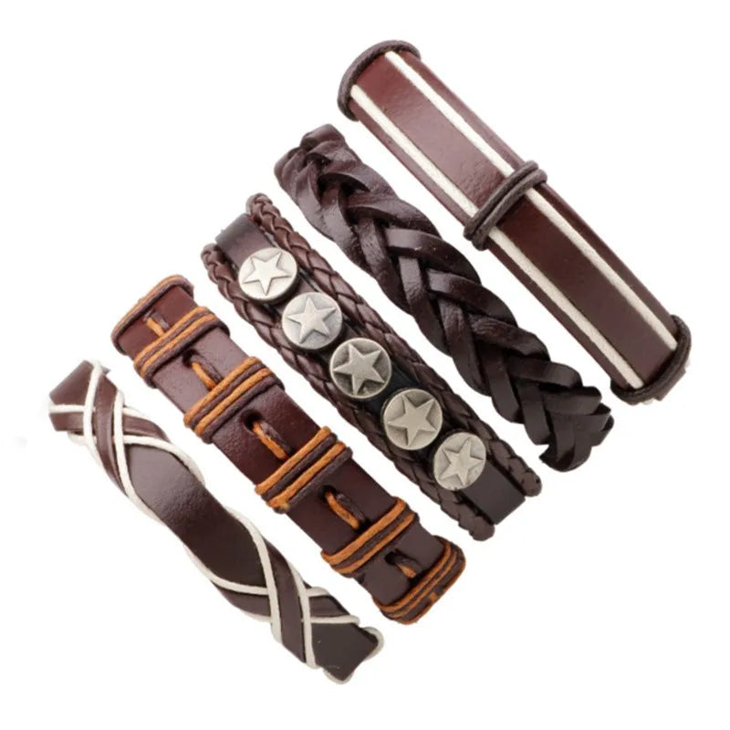 MKENDN 5PCS/Set Men's Bracelets Punk Leather Weave Black Coffee Multilayer Adjustable Man Jewelry Vintage Star Bracelets Bangles