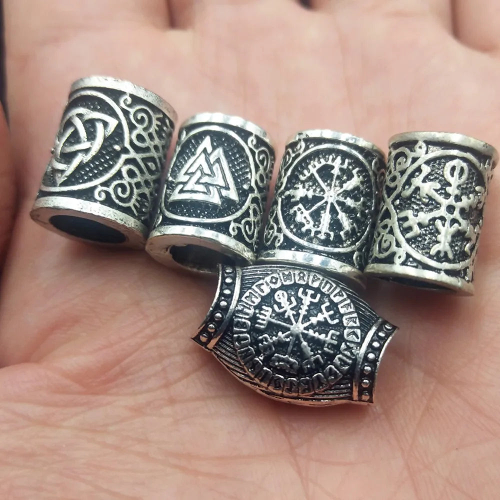 Runa vikinga para el cabello, barba, Valknut, Vegvisir, brújula, copo de nieve, nudo, amuletos de la trinidad para barbas, pulsera de runas con cuentas de agujero grande, bricolaje