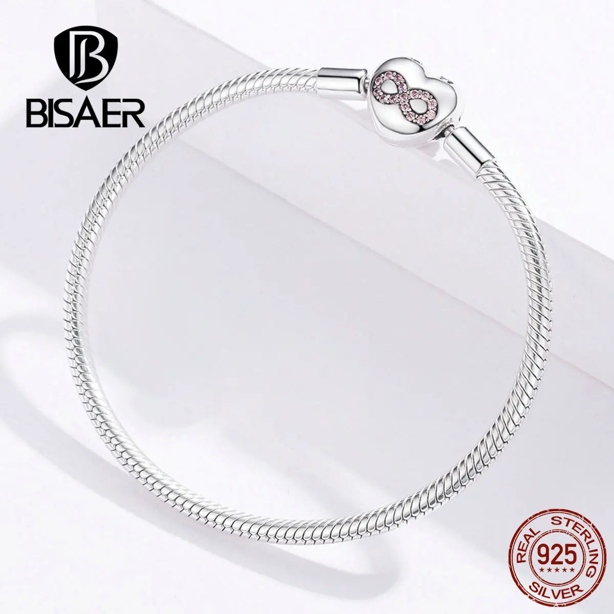 BISAER Bracelet en argent sterling 925 en forme de cœur avec zircon scintillant pour femme, bijou fin à breloques, amour infini, ECB142