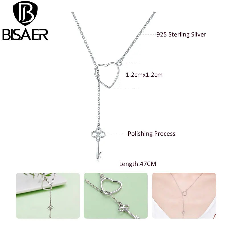 BISAER 925 Sterling Silver Key Zircon Necklaces Angel Wings Neck Heart Chain Plated Platinum Women Light Luxury Fine Jewelry