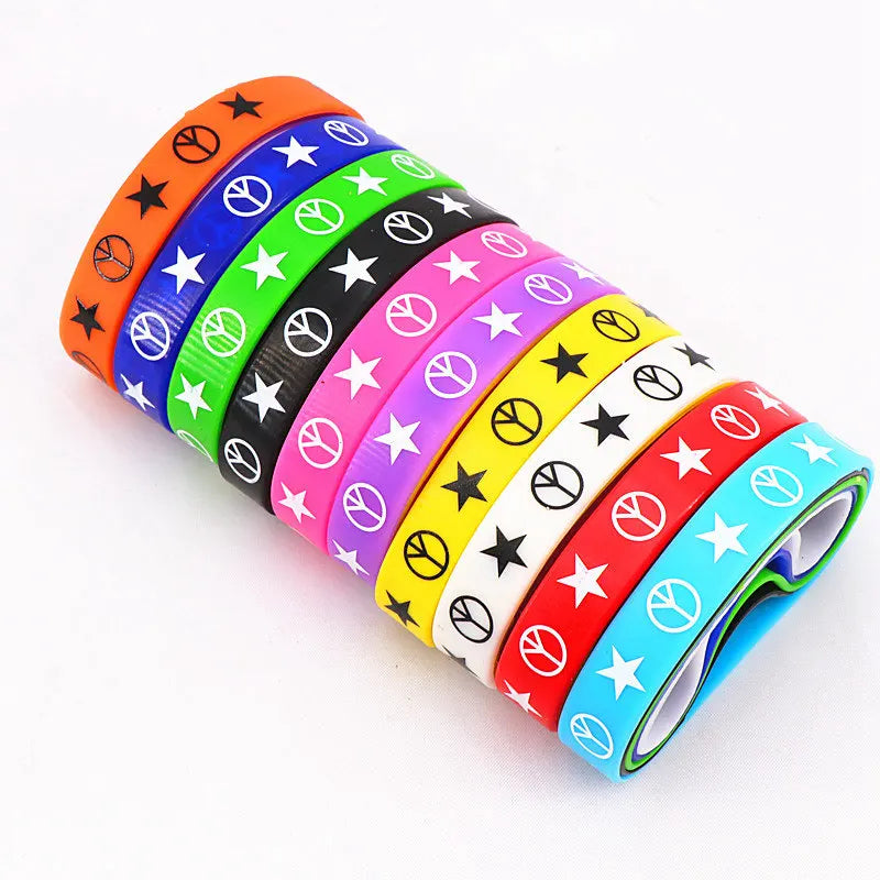 Pack of 100pcs Multicolor Elasticity Jesus Cross Skull Peace Butterfly Etc Style Wrist Cuff Silicone Bracelets For Man Women