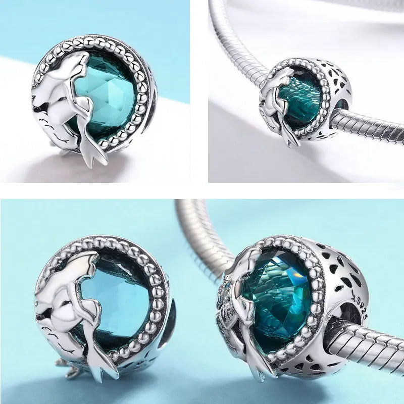 BISAER 925 Sterling Silber Europäische grüne Glasperlen Licorne Ocean Beads Charms Passend für Original-Charm-Armbänder Schmuckherstellung