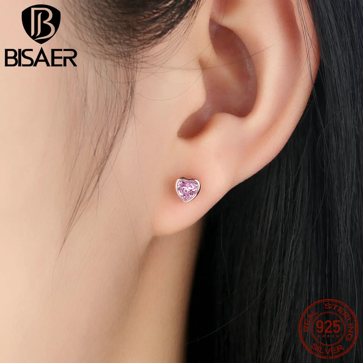 BISAER Heart Stud Earrings 925 Sterling Silver Pink Love Crystal Zircon Earrings For Women Party Wedding 2022 Tend Fine Jewelry