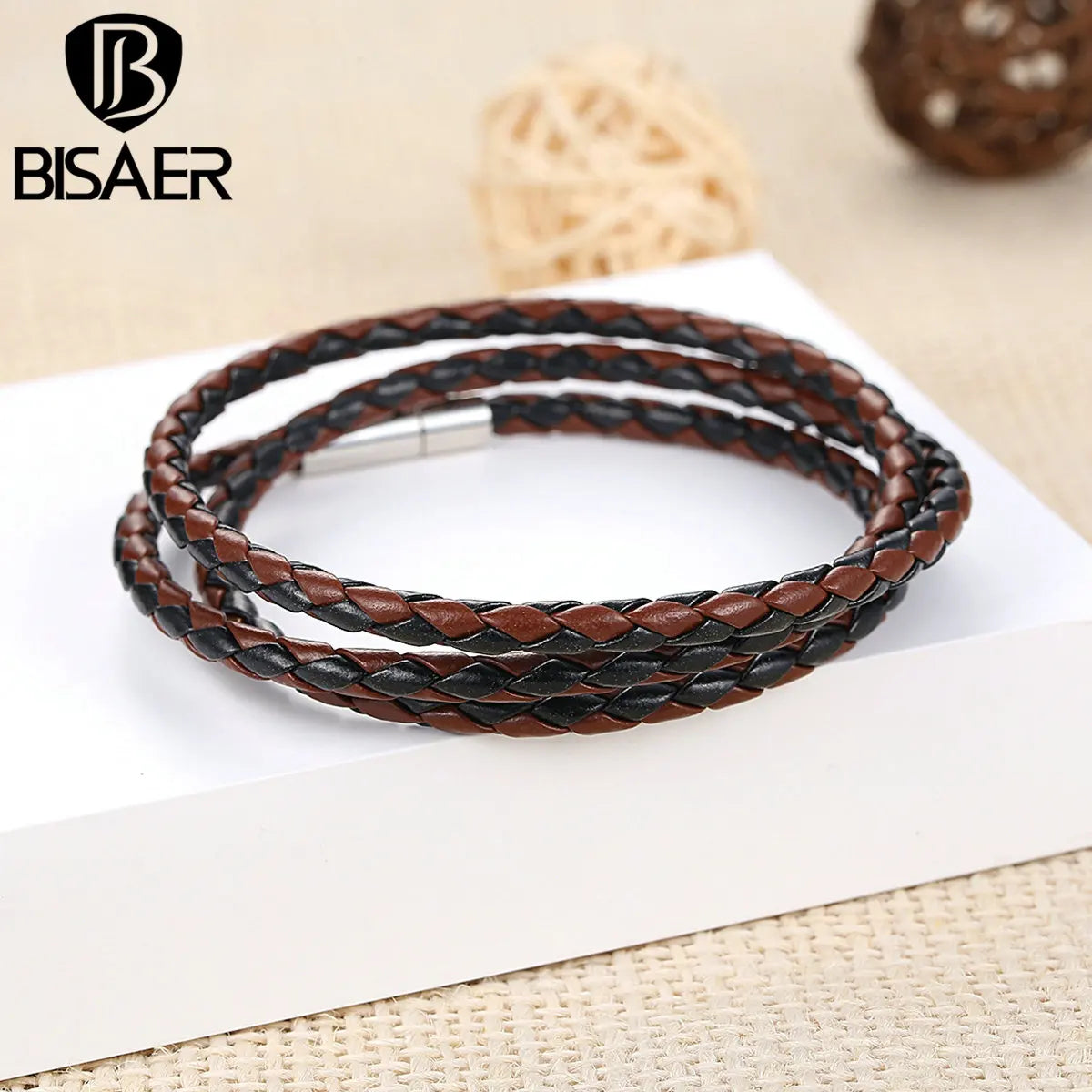 Pulsera de cuero BISAER barata al por mayor para hombres y mujeres con cadena larga ajustable, pulseras rojas con imán, joyería WEV0063-6