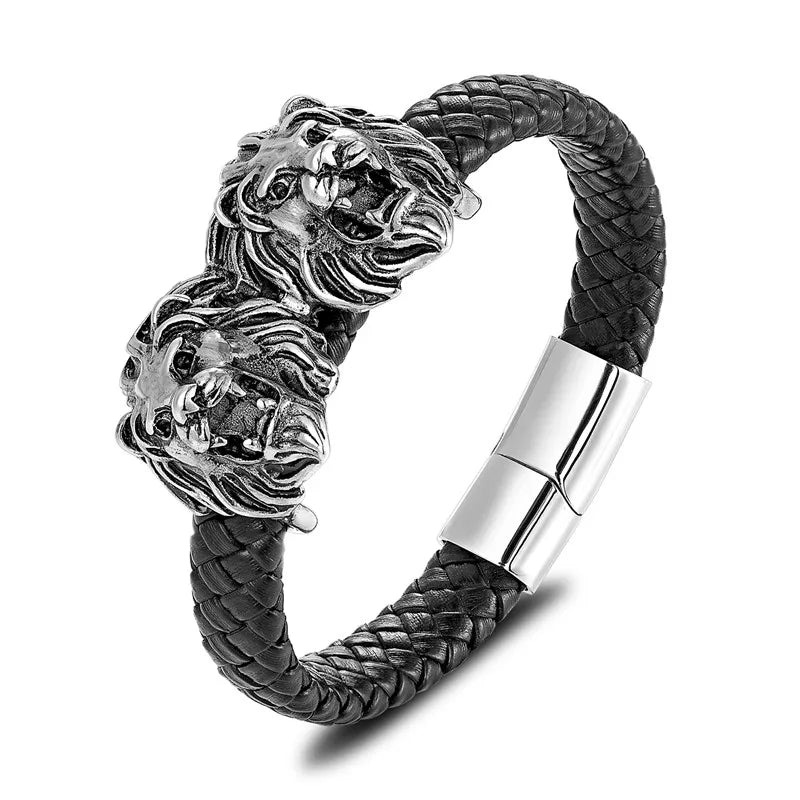 MKENDN Punk Rock Stainless Steel Double Lion Genuine Leather Bracelet Men Women Charm Bracelets Bangles Luxury Jewelry Pulseras