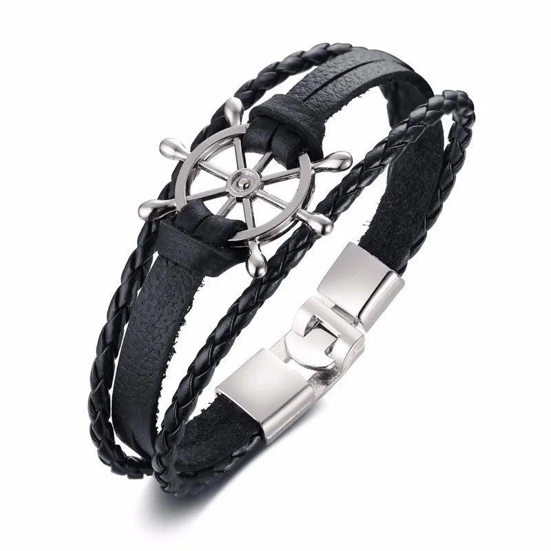 Men Sailor Rudder Multilayer Leather Bracelet for Men Nautical Bangles Brackelts Brazalet Vintage Helmsman Crew Jewelry