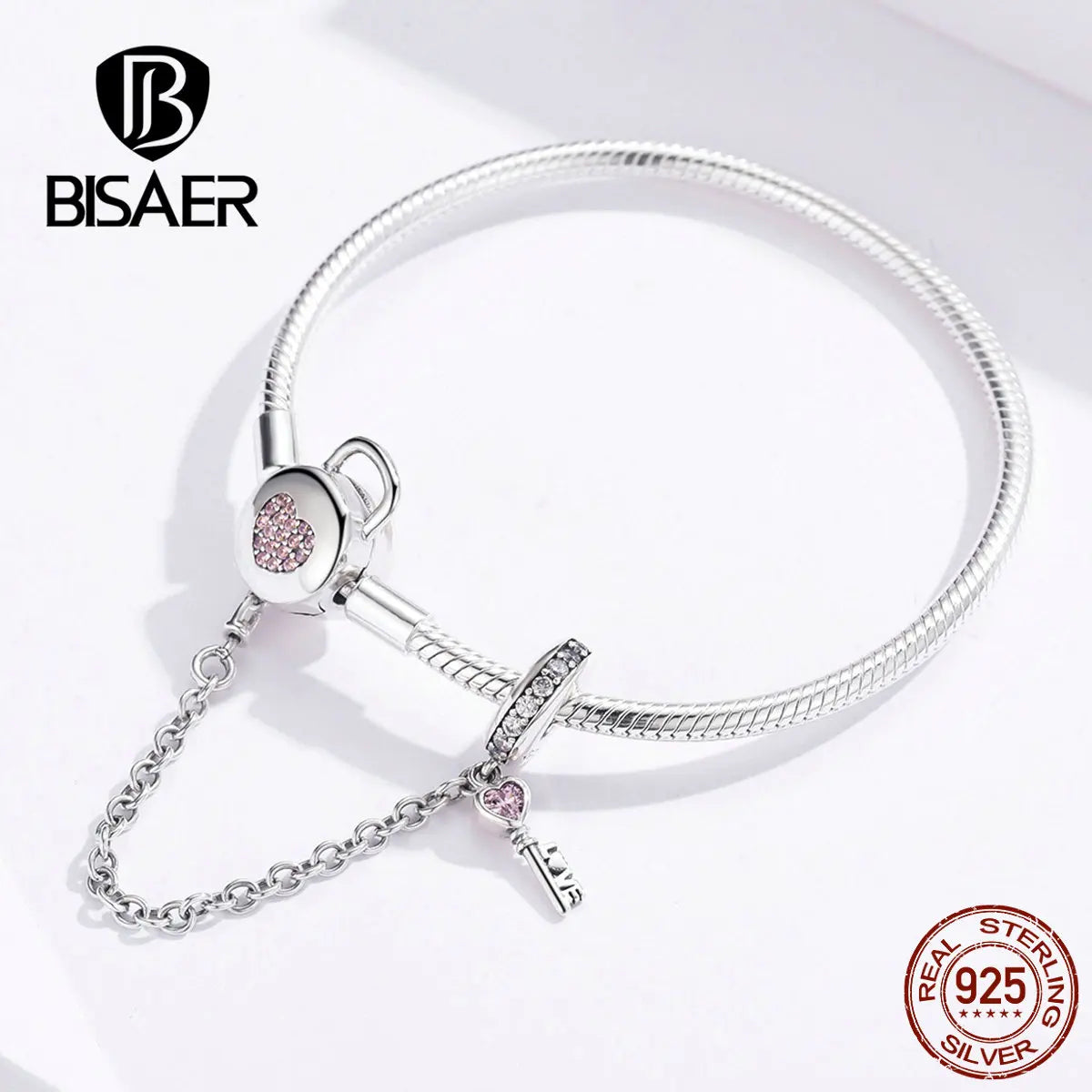 BISAER 925 Sterling Silver Heart Shape Bracelets Lock Clasp Lock Safety Chain Fit Original Charm Bracelet & Bangle Fine Jewelry