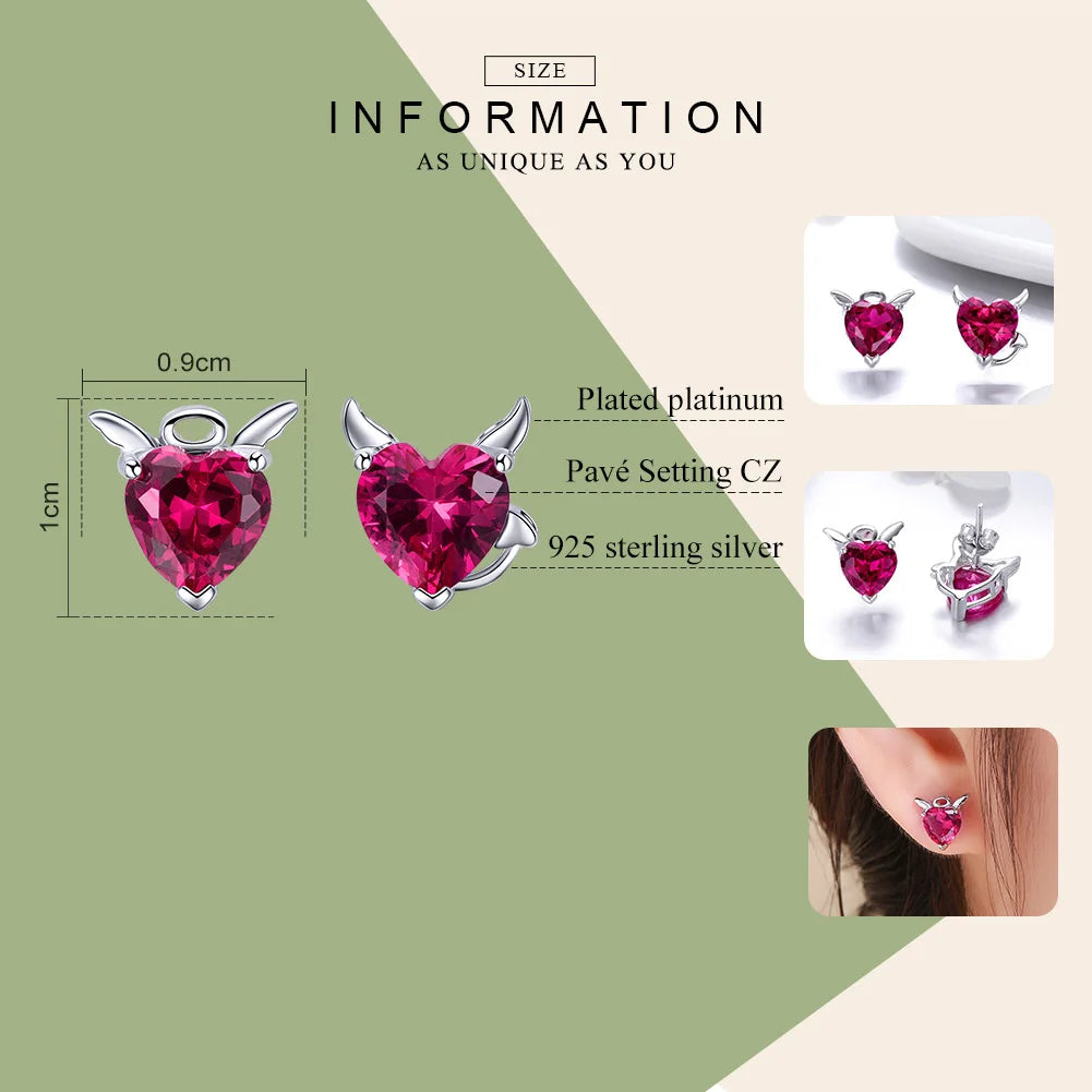 BISAER 925 Sterling Silver Evil And Angel Earrings Crystal CZ Heart Stud Earrings For Women Fashion Earrings 2019 Jewelry ECE414