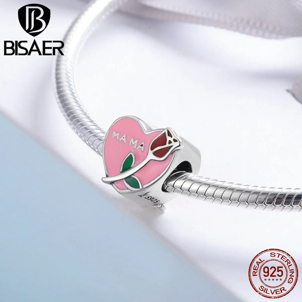 BISAER Authentic 925 Sterling Silver Mama Love Rose Flower To Mom Mother Gift Heart Beads Fit Bracelet 925 Silver Jewelry ECC652