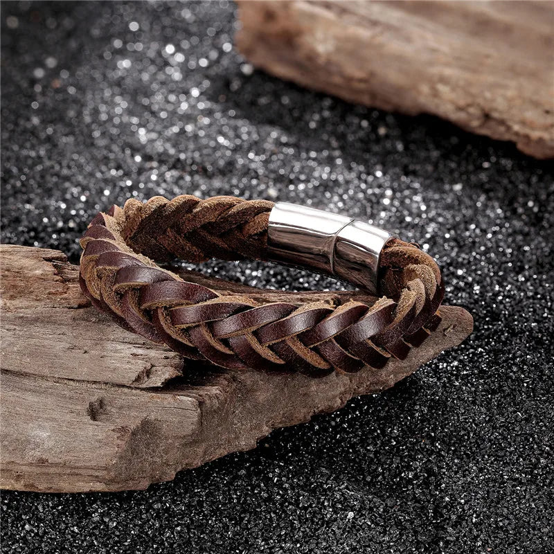 MKENDN 2021 Fashion Stainless Steel Chain Genuine Leather Bracelet Men Vintage Simple Male Braid Jewelry for women