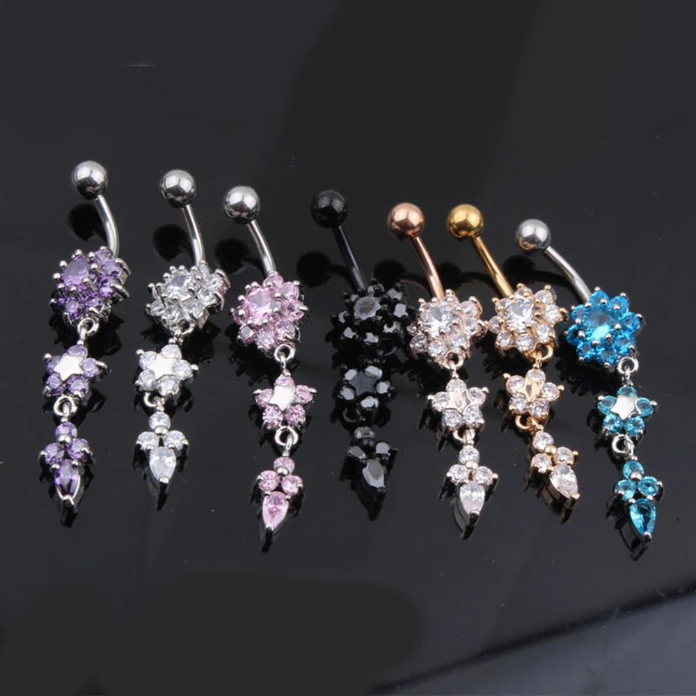 Hot Sexy Dangled Stainless Steel Belly Button Rings 10 Colors Flower Navel Piercing Ombligo Women Earrings Piercing Body Jewelry