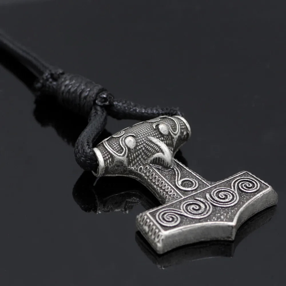 Leather Adjustable Viking Odin Raven Thors Mjolnir Hammer Viking Amulet Hammer Scandinavian Norse Bracelet for Men Jewelry