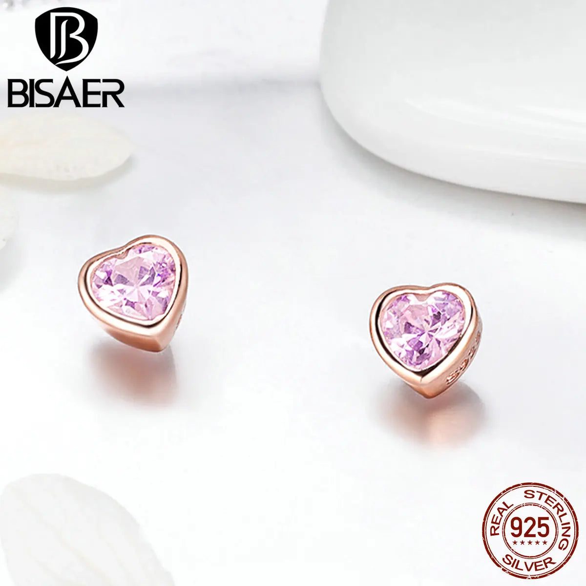 BISAER Heart Stud Earrings 925 Sterling Silver Pink Love Crystal Zircon Earrings For Women Party Wedding 2022 Tend Fine Jewelry