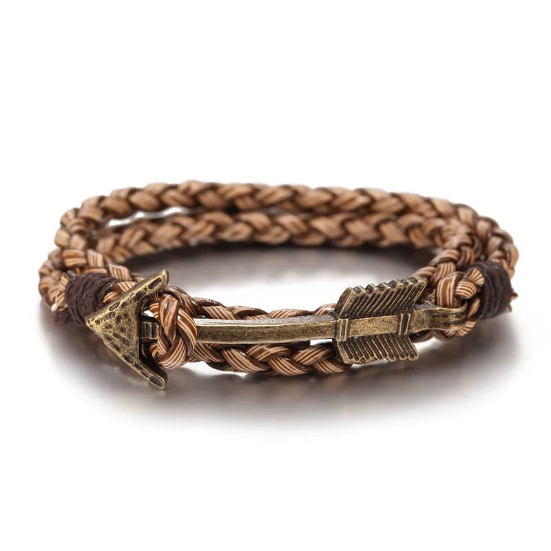 MKENDN New Arrival Multilayer charm leather Vintage Bronze  Arrow bracelet anchor bracelet for men women lovers' gift