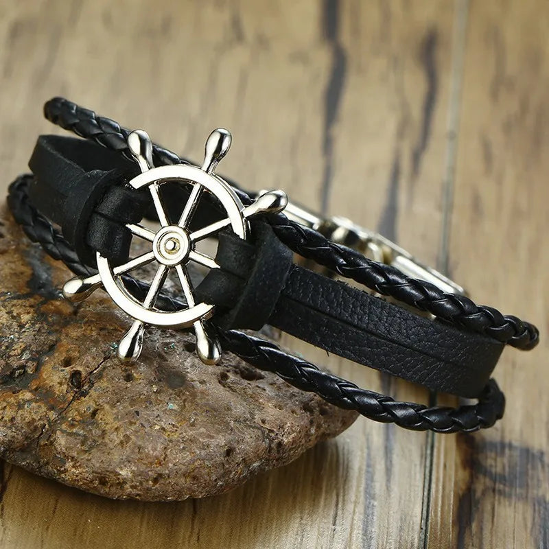 Men Sailor Rudder Multilayer Leather Bracelet for Men Nautical Bangles Brackelts Brazalet Vintage Helmsman Crew Jewelry