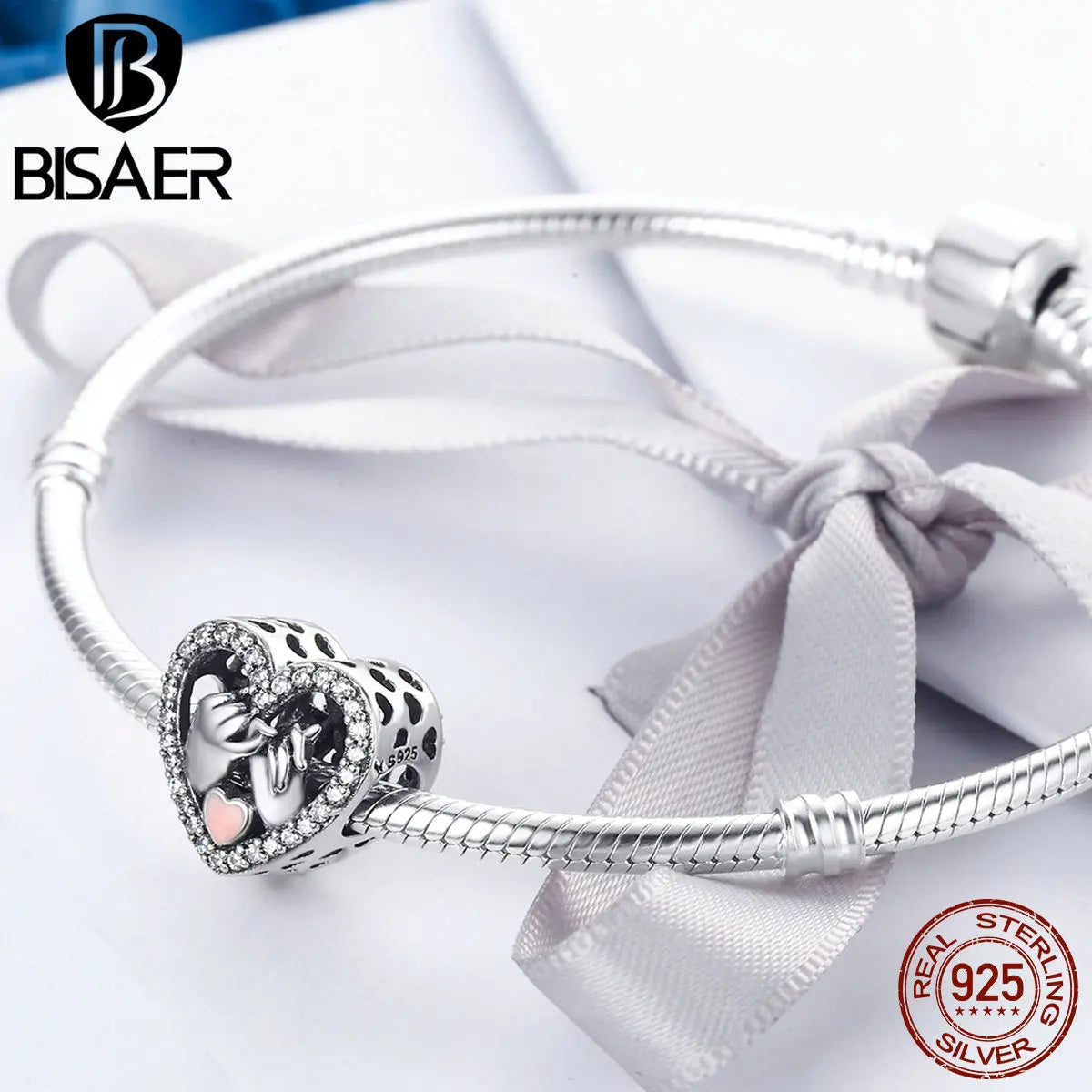 BISAER 925 Sterling Silver Heart Charms Hand In Hand CZ Bead Fit Woman Bracelets & Necklaces Valentine's Day Gift ECC167