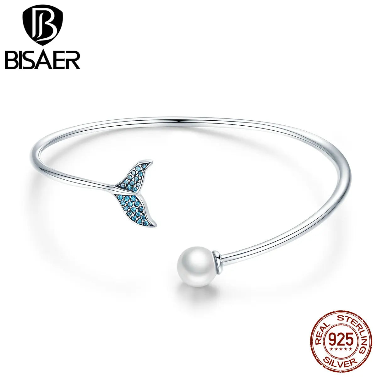 BISAER 925 Sterling Silver Mermaid's Tail Tear Open Bracelets Pearl Women Bracelets & Bangles Original Jewelry Holiday Gifts