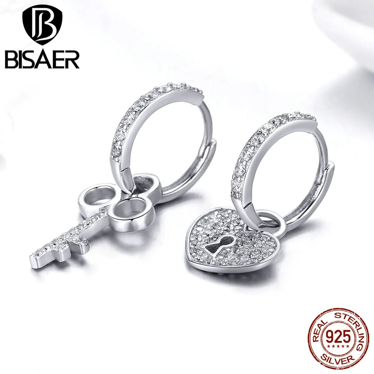 BISAER Hot Sale 925 Sterling Silver Love Heart Lock & Crystal Key Shape Stud Earrings Stud Women Wedding Jewelry Brincos ECE577