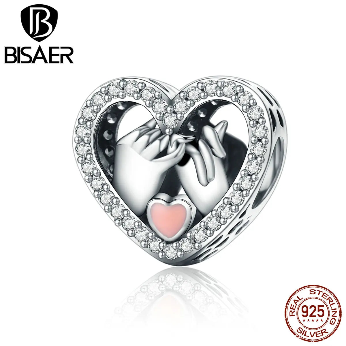 BISAER 925 Sterling Silver Heart Charms Hand In Hand CZ Bead Fit Woman Bracelets & Necklaces Valentine's Day Gift ECC167