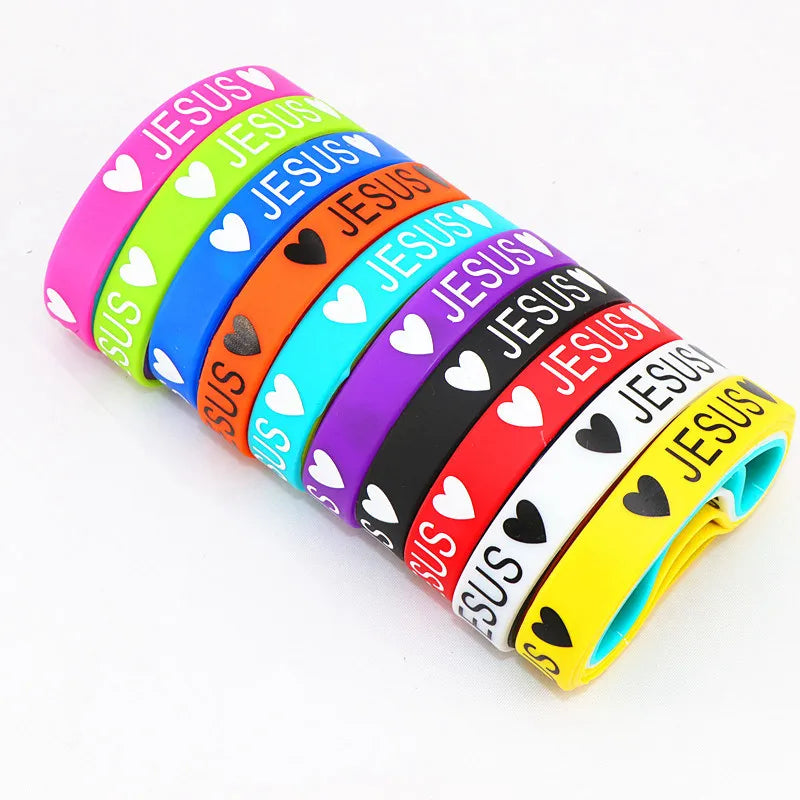 Pack of 100pcs Multicolor Elasticity Jesus Cross Skull Peace Butterfly Etc Style Wrist Cuff Silicone Bracelets For Man Women