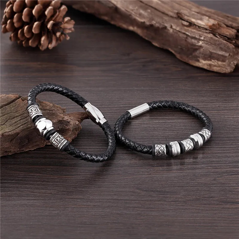 MKENDN Traditional Tibetan Buddhism Men Multilayer Braided Leather Bracelet Stainless Steel OM Magnetic Clasp Fashion Jewelry