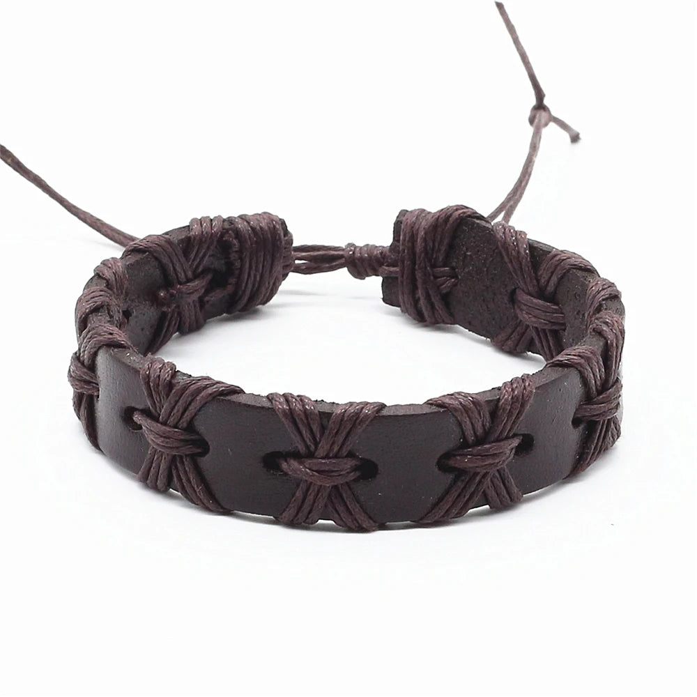 Großhandel Schwarz Handgemachte Mode Vintage Wrap Seil Weben Geflecht Weiblich Männlich Echtes Leder Frauen Armband Für Frauen Männer Schmuck