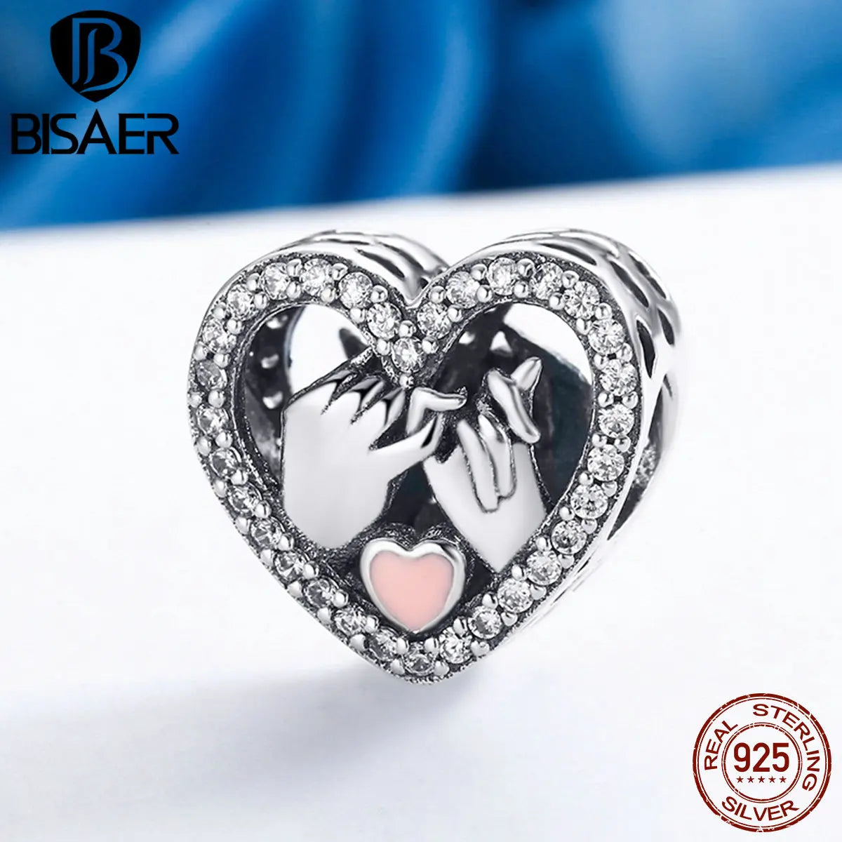 BISAER 925 Sterling Silver Heart Charms Hand In Hand CZ Bead Fit Woman Bracelets & Necklaces Valentine's Day Gift ECC167