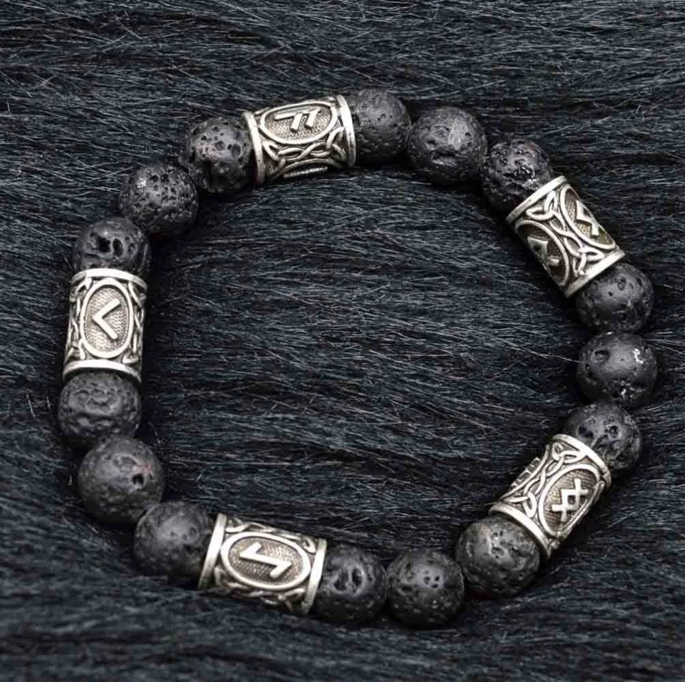 Pulsera de piedra de lava con amuleto vintage de runas vikingas para hombres y mujeres, accesorios, brazalete de runas vikingas con 5 cuentas de runas